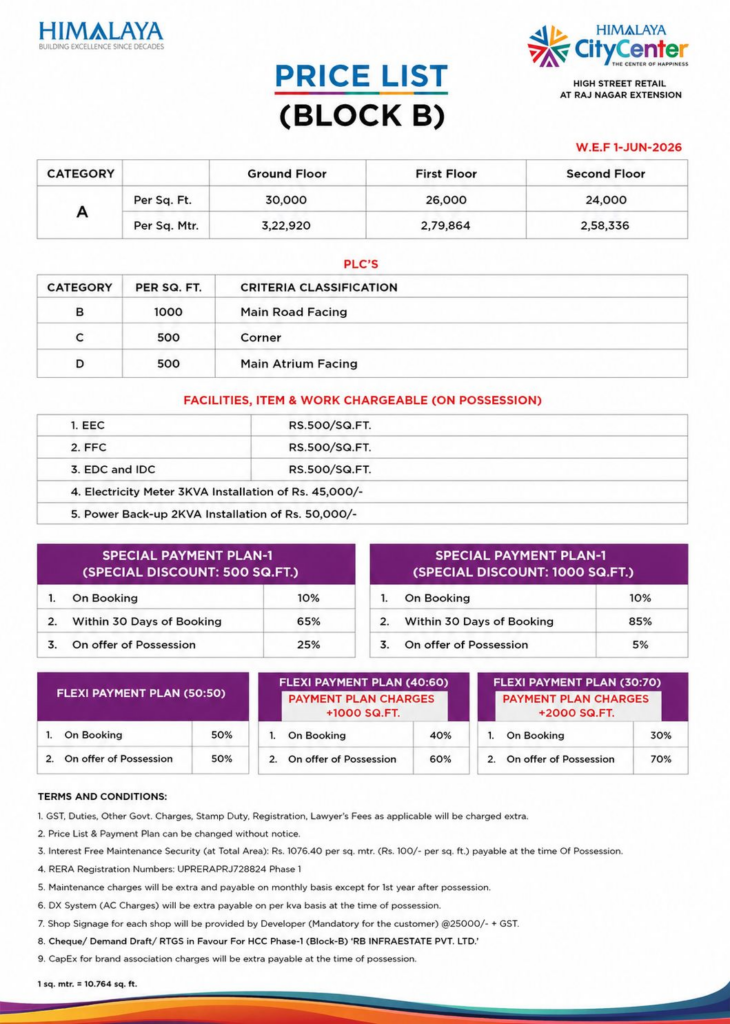 GDA Approved Commercial Shops and Retail Shops at Himalaya City Center in Raj Nagar Extension Ghaziabad B-BLOCK Price-List